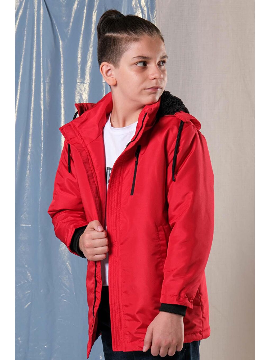 Kırmızı Erkek Çocuk Kalın Uzun Mont-1