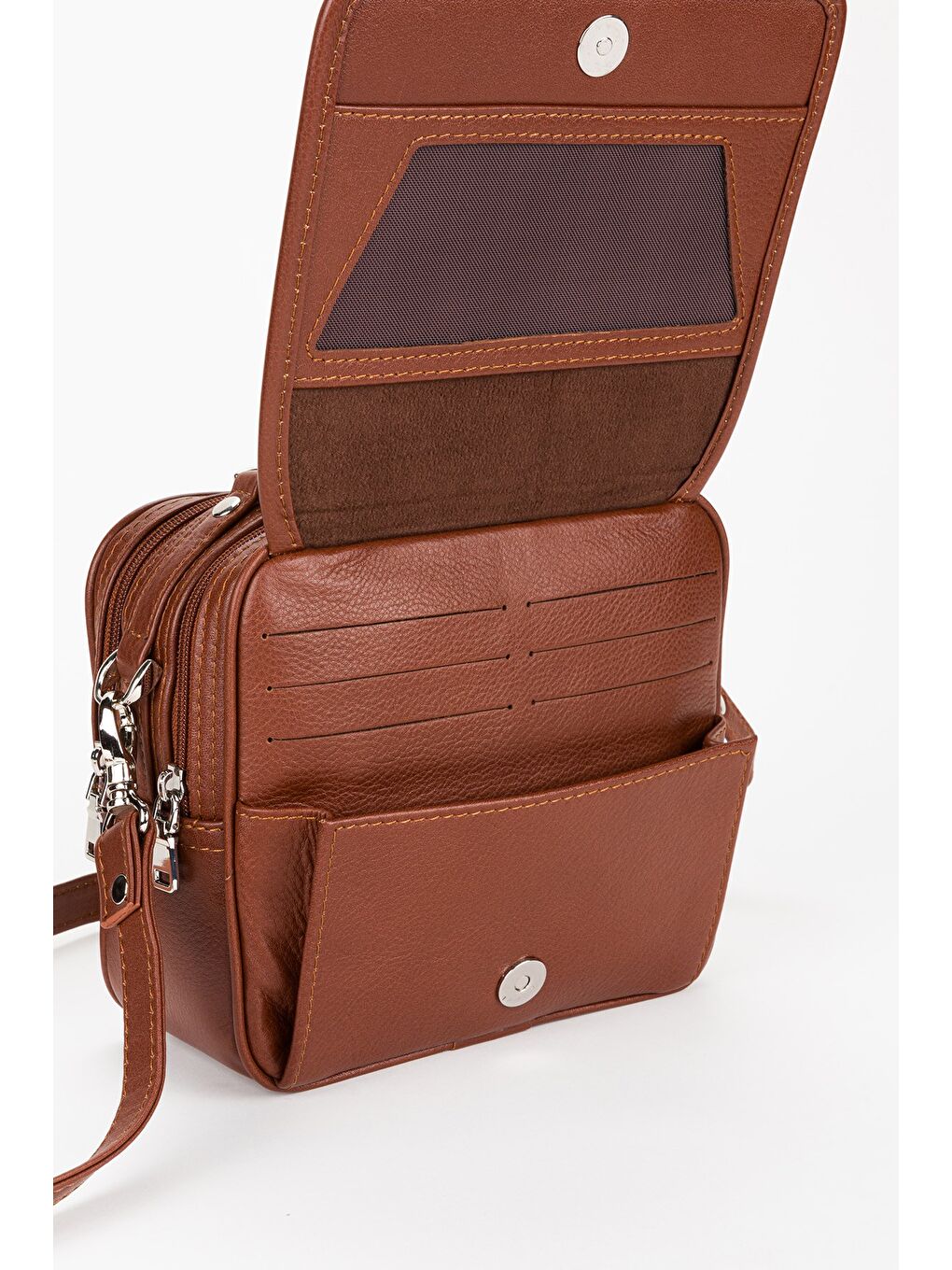 Kahverengi %100 Hakiki Deri Erkek Yatay Tam Kapak El ve Çapraz Omuz Çantası-6