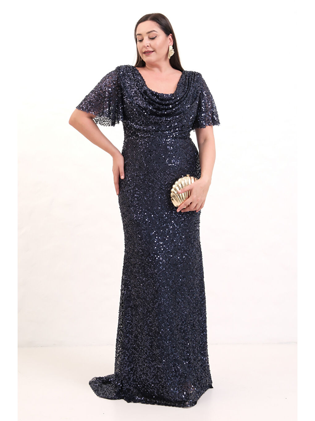 Kadın Lacivert Degaje Yaka Pul Payet Büyük Beden Uzun Abiye Elbise-1