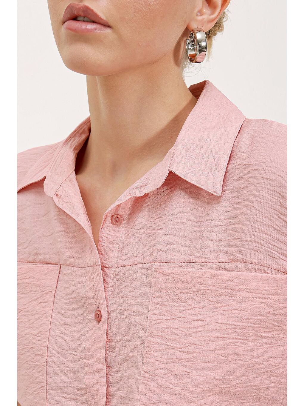 Pembe 20198 Çift Cepli Kısa Kol Gömlek - Pudra-3