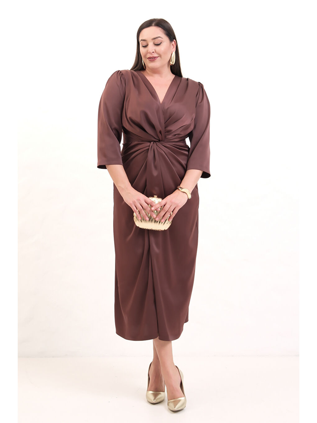 Kadın Kahverengi V Yaka Midi Abiye Elbise-2