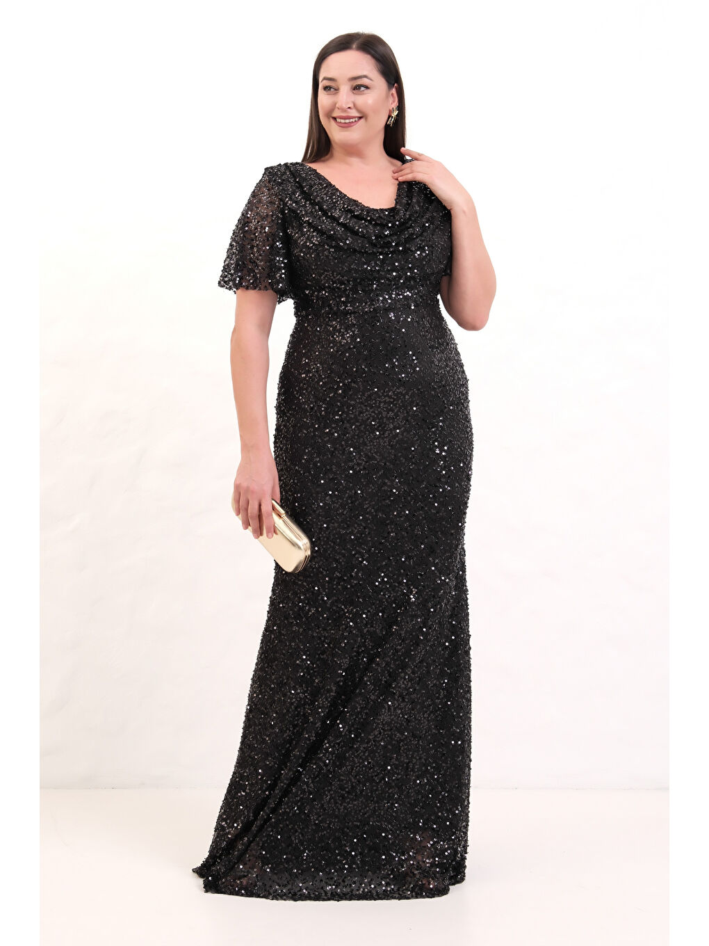 Kadın Siyah Degaje Yaka Pul Payet Büyük Beden Uzun Abiye Elbise-1