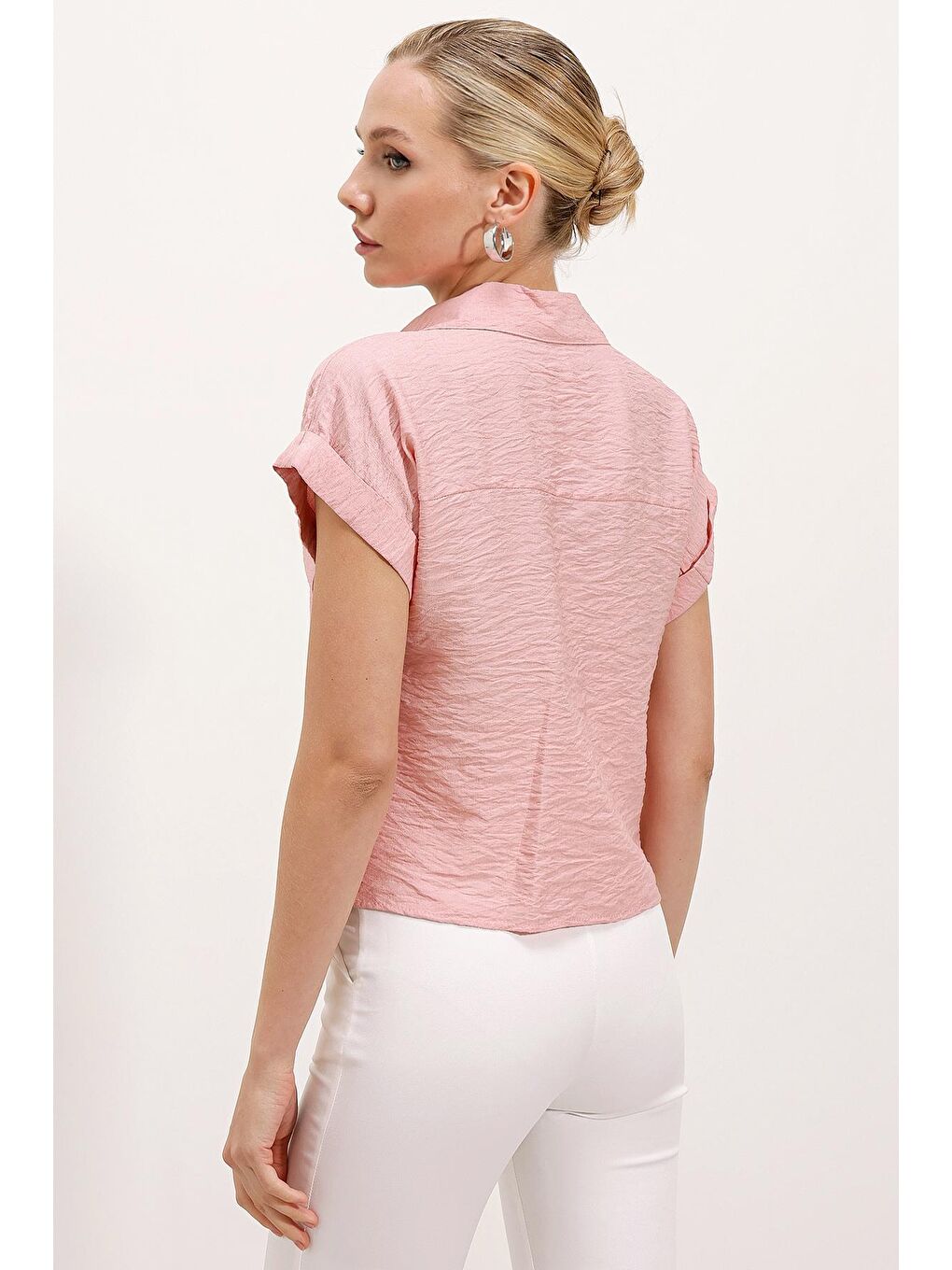 Pembe 20198 Çift Cepli Kısa Kol Gömlek - Pudra-4