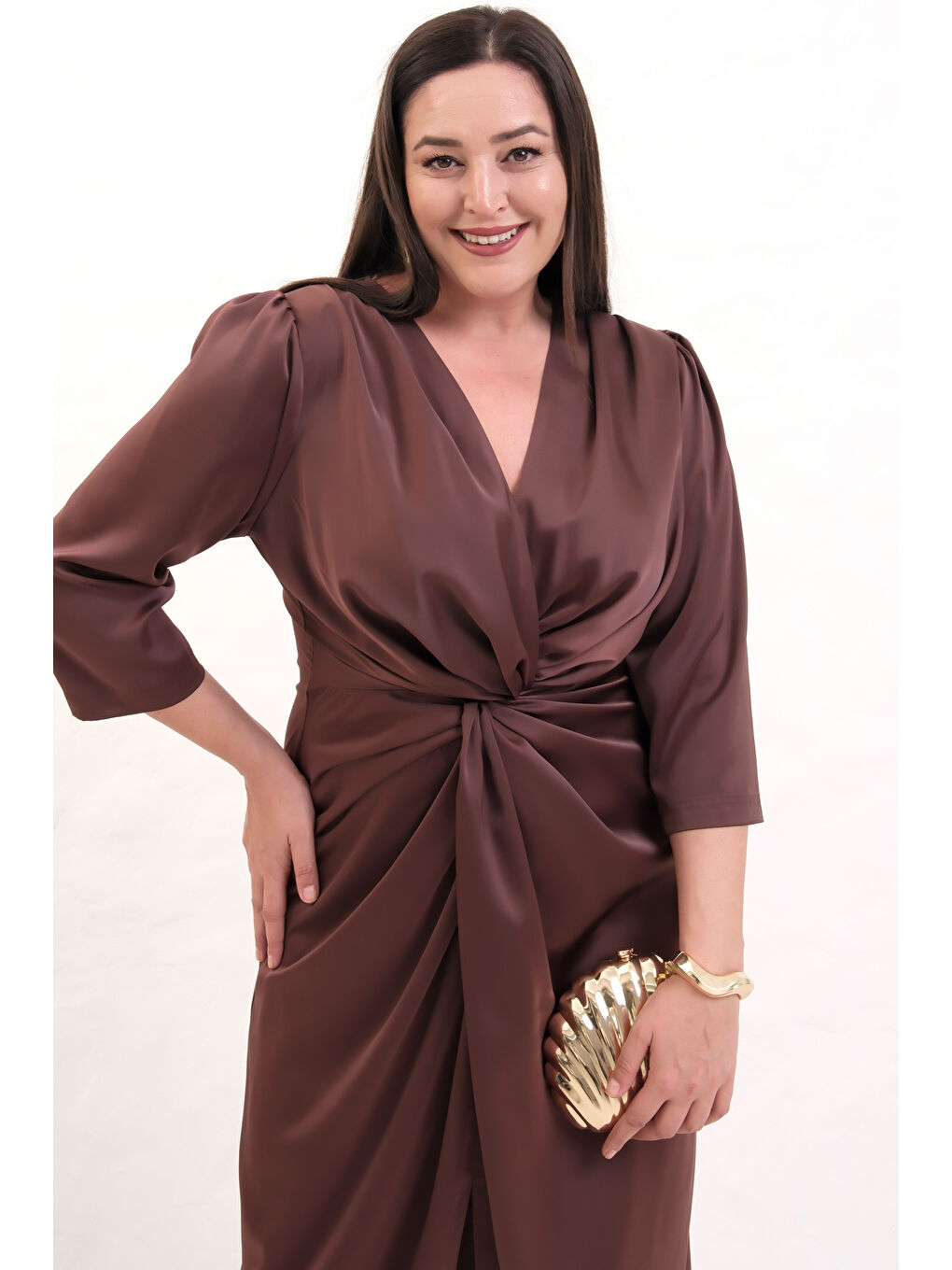 Kadın Kahverengi V Yaka Midi Abiye Elbise-3