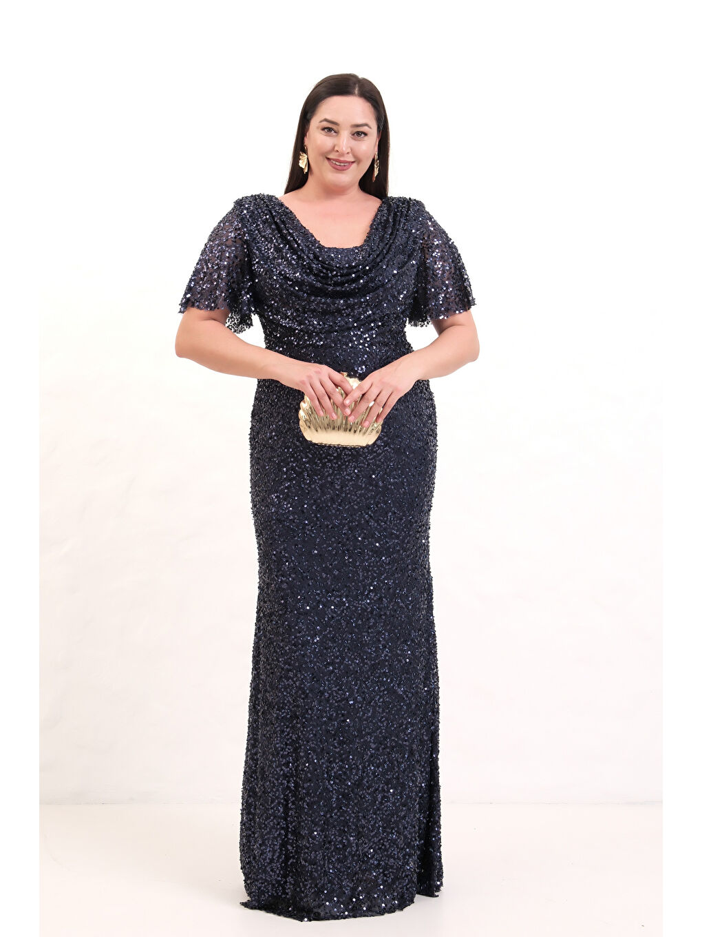 Kadın Lacivert Degaje Yaka Pul Payet Büyük Beden Uzun Abiye Elbise-2