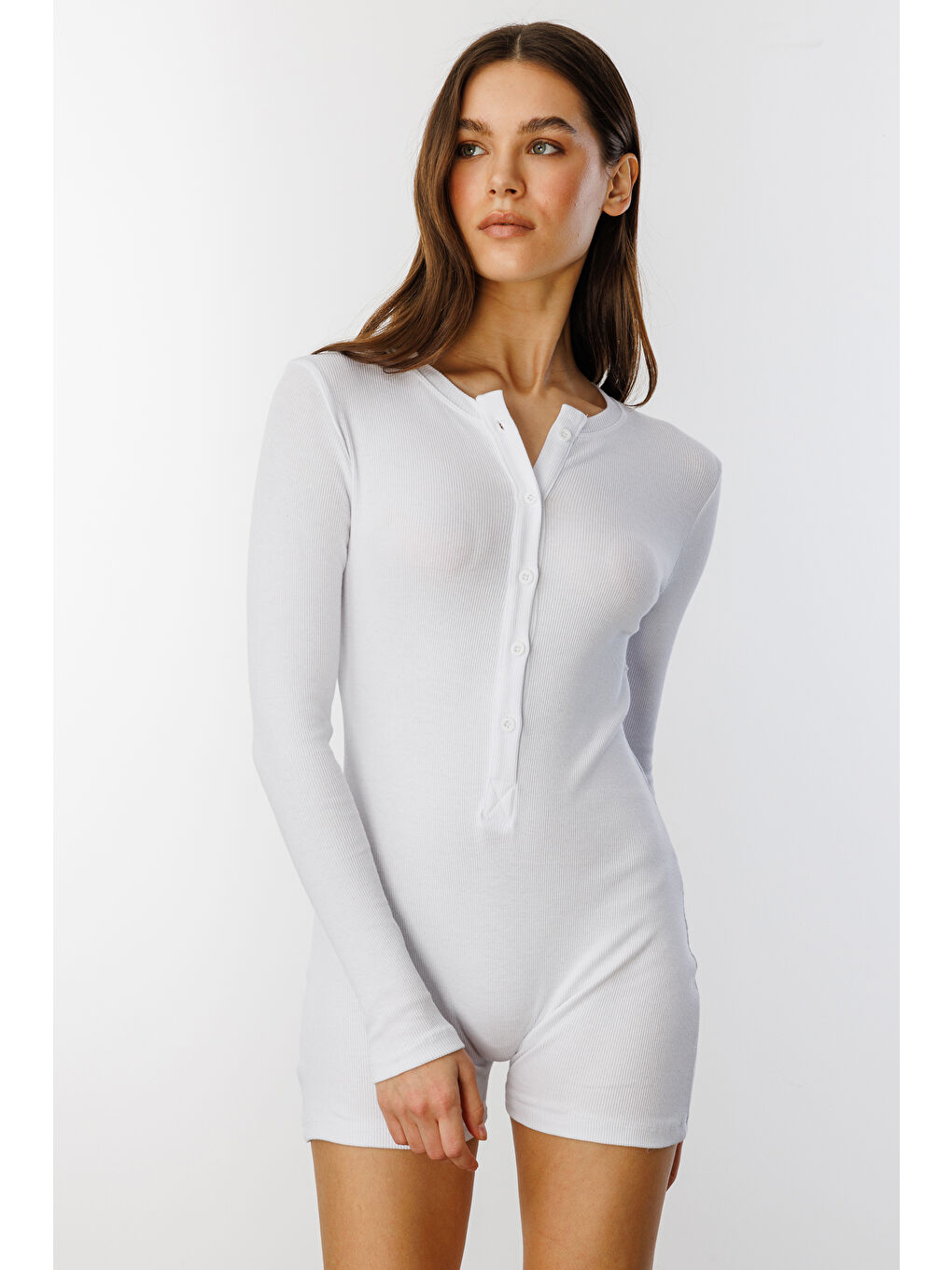 Genius Store Beyaz Fitilli Uzun Kollu Kısa Tulum Romper UZUNKOL-TULUM