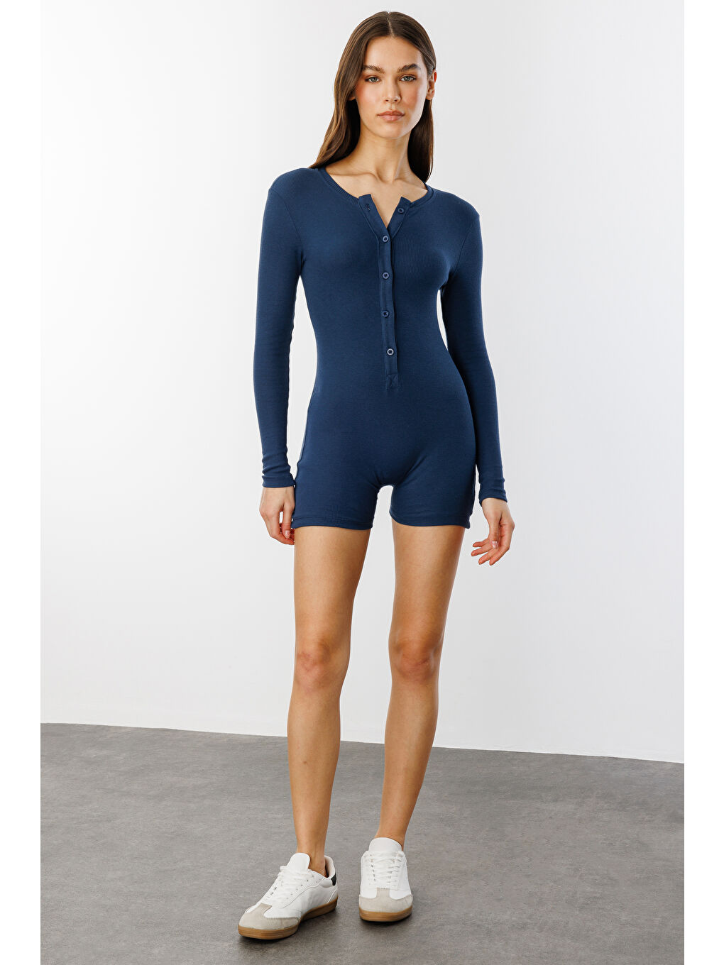 Lacivert Fitilli Uzun Kollu Kısa Tulum Romper UZUNKOL-TULUM-1