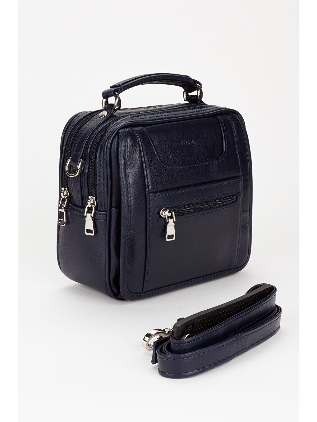 Lacivert %100 Hakiki Deri Erkek Yatay Tam Kapak El ve Çapraz Omuz Çantası-1