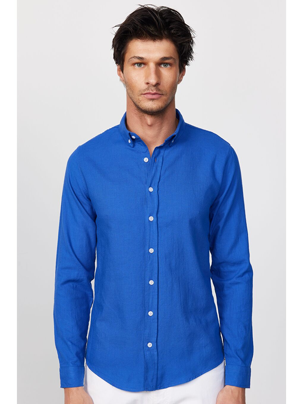 Slim Fit Uzun Kol Biyeli Yaka Düğmeli Keten Saks Mavi Erkek Gömlek-1