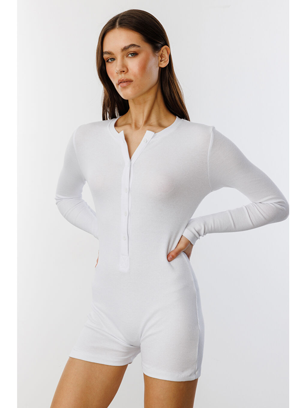 Genius Store Beyaz Fitilli Uzun Kollu Kısa Tulum Romper UZUNKOL-TULUM - 2