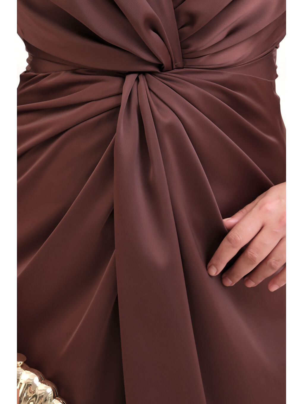 Kadın Kahverengi V Yaka Midi Abiye Elbise-4