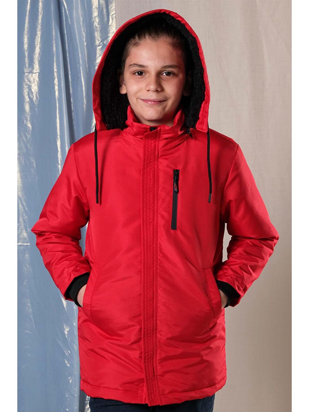 Kırmızı Erkek Çocuk Kalın Uzun Mont-3