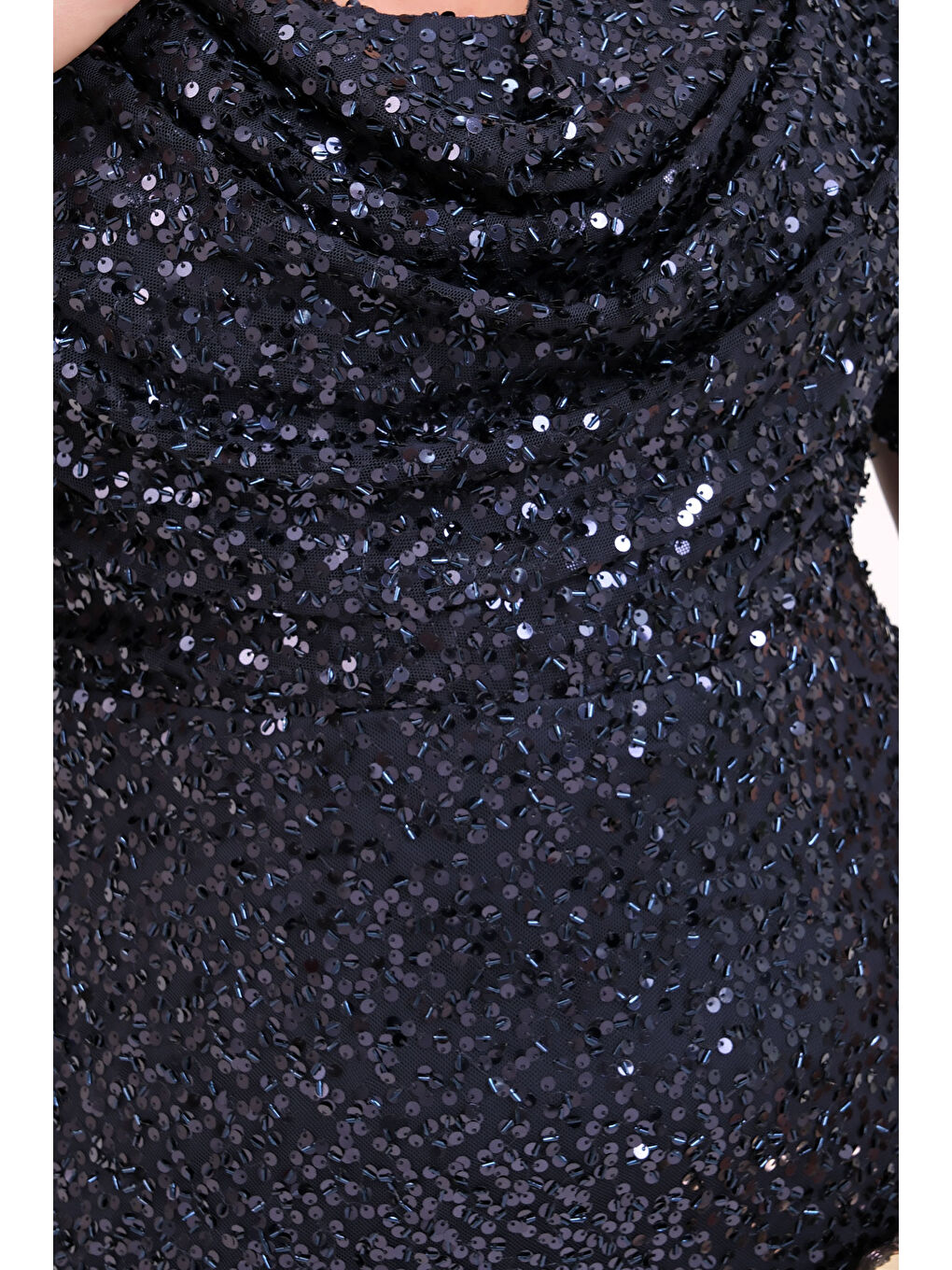 Kadın Lacivert Degaje Yaka Pul Payet Büyük Beden Uzun Abiye Elbise-4