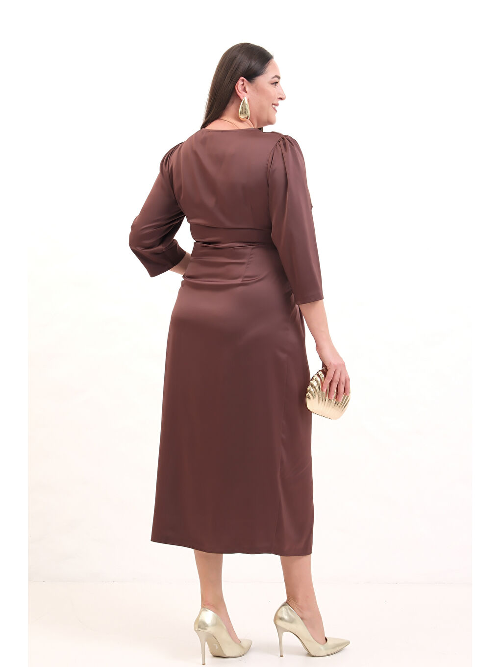 Kadın Kahverengi V Yaka Midi Abiye Elbise-5