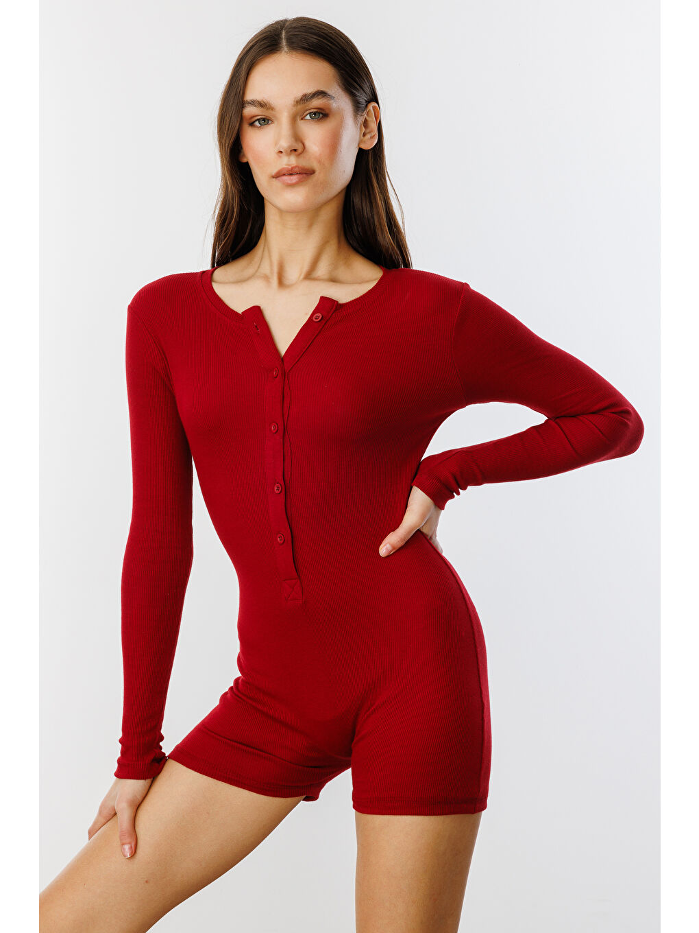 Genius Store Bej Fitilli Uzun Kollu Kısa Tulum Romper UZUNKOL-TULUM