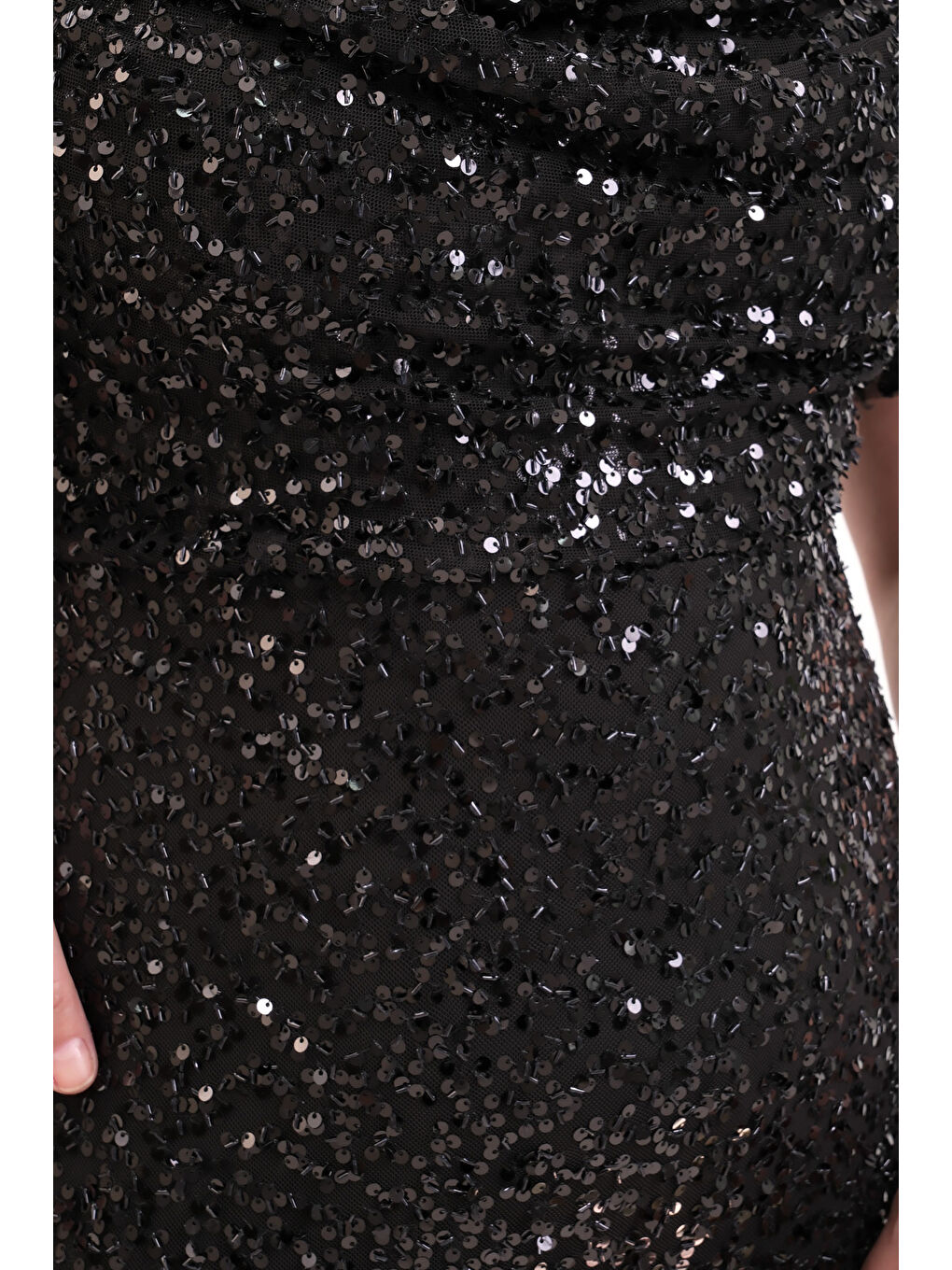 Kadın Siyah Degaje Yaka Pul Payet Büyük Beden Uzun Abiye Elbise-4