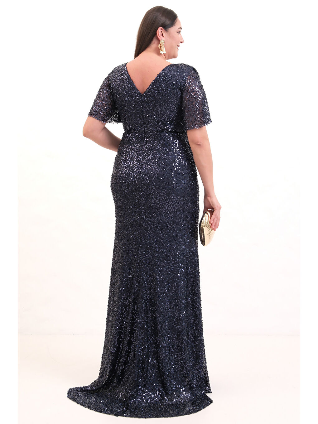 Kadın Lacivert Degaje Yaka Pul Payet Büyük Beden Uzun Abiye Elbise-5