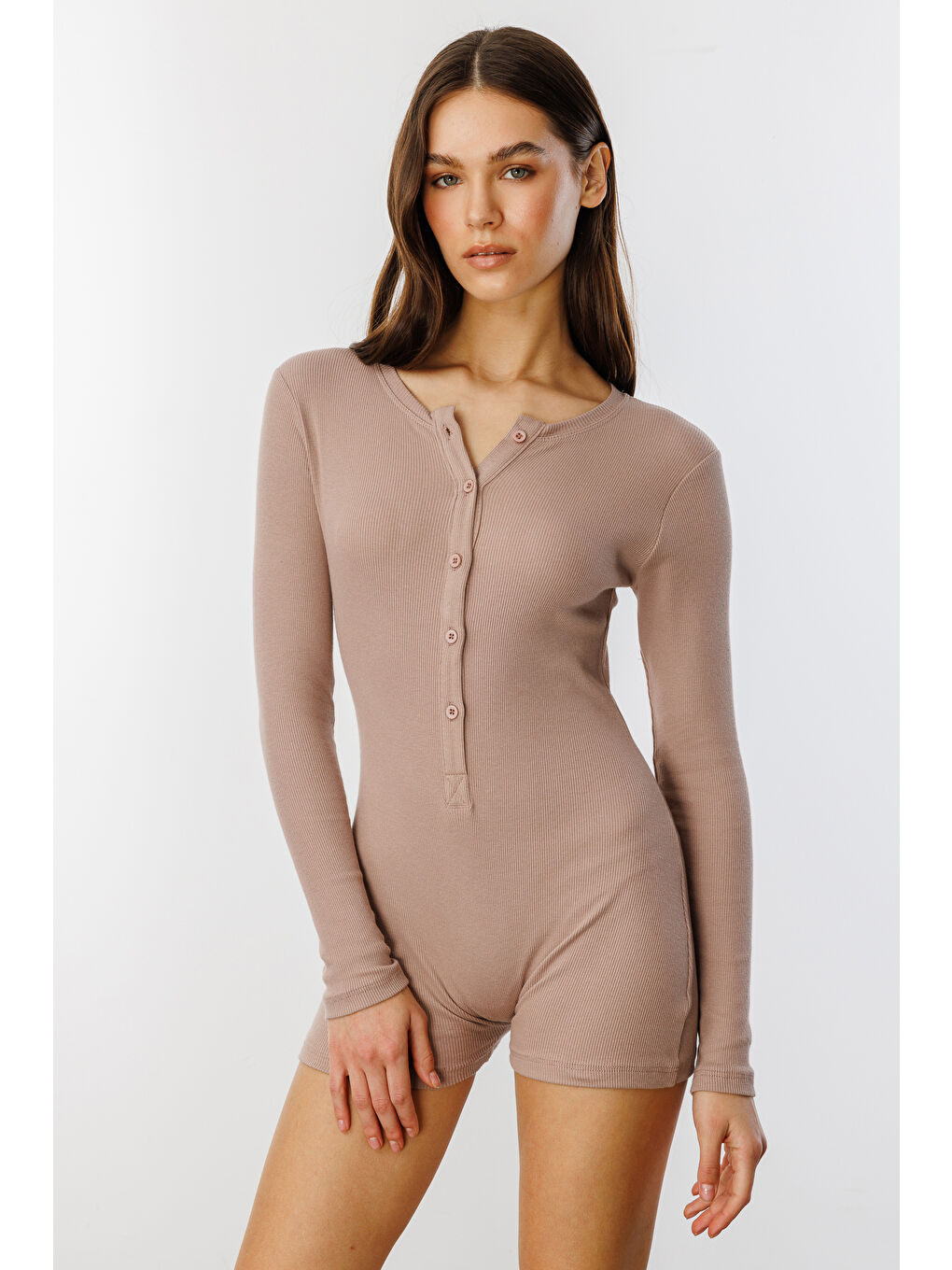 Genius Store Bej Fitilli Uzun Kollu Kısa Tulum Romper UZUNKOL-TULUM - 1