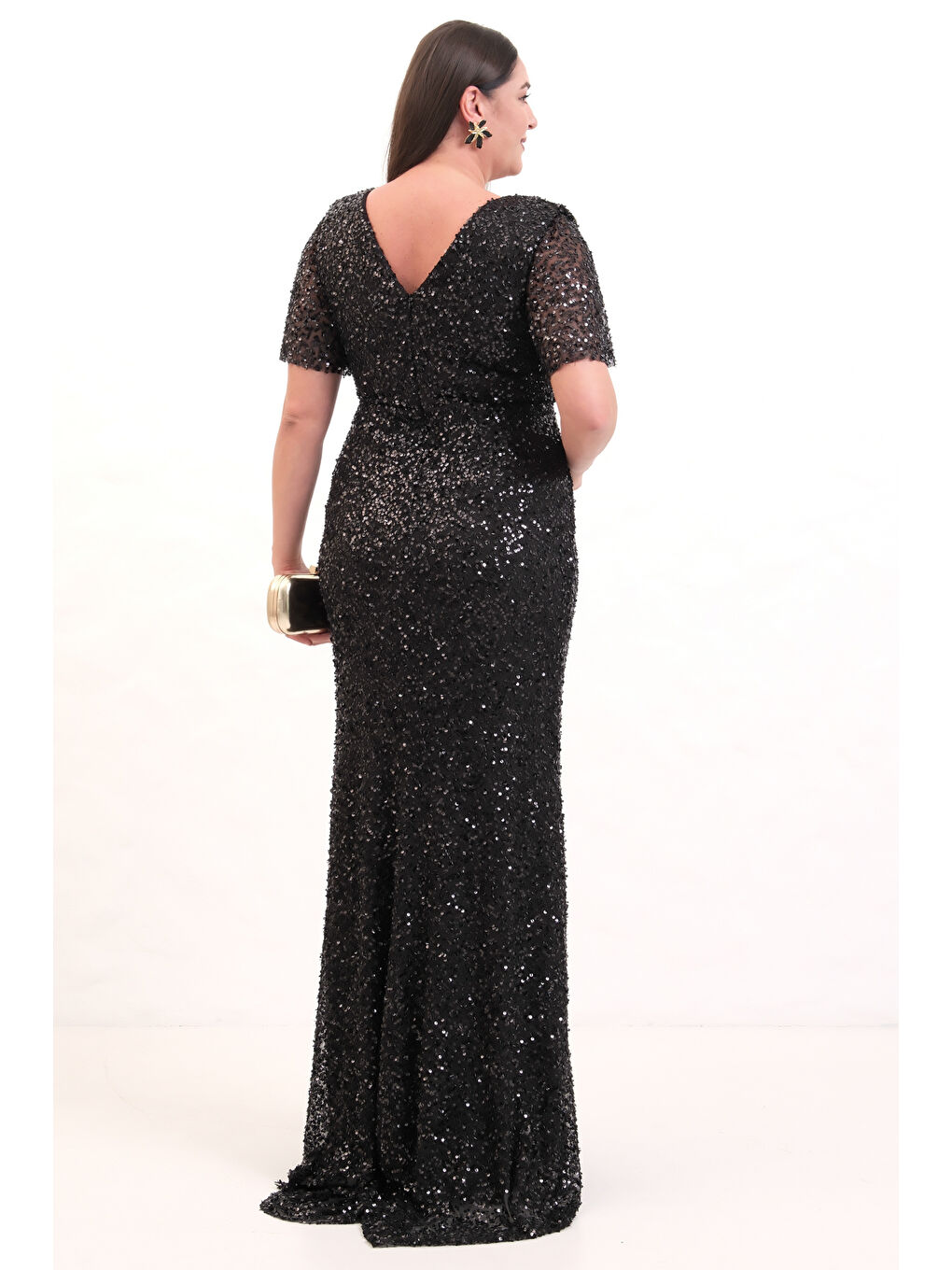 Kadın Siyah Degaje Yaka Pul Payet Büyük Beden Uzun Abiye Elbise-5