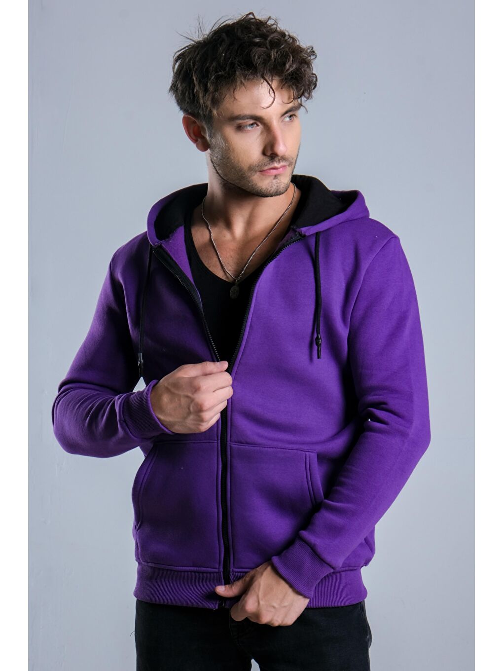 Mor Kapüşonlu Şardonlu Erkek Fermuarlı Sweatshirt Hırka 3 İp Düz  JS C-51-3