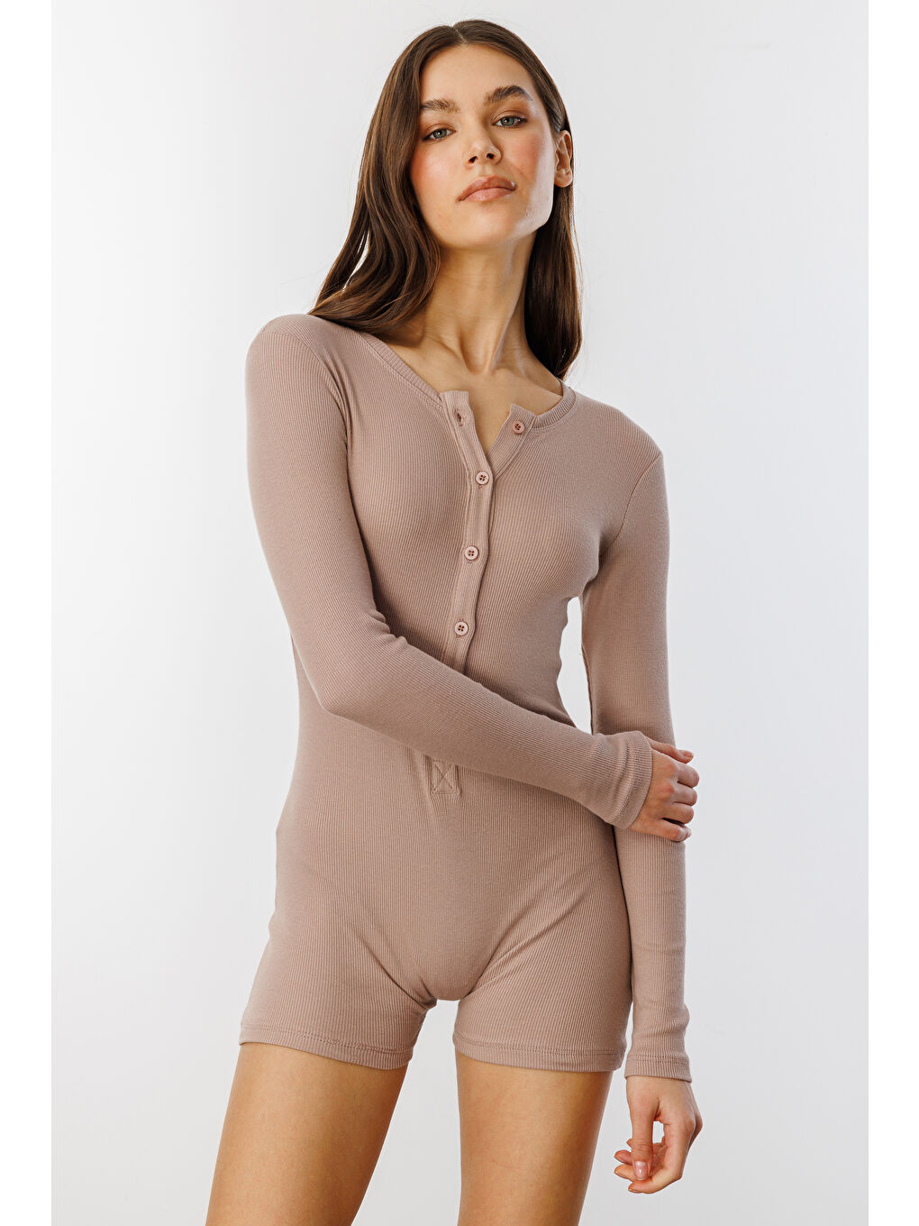 Genius Store Bej Fitilli Uzun Kollu Kısa Tulum Romper UZUNKOL-TULUM - 3