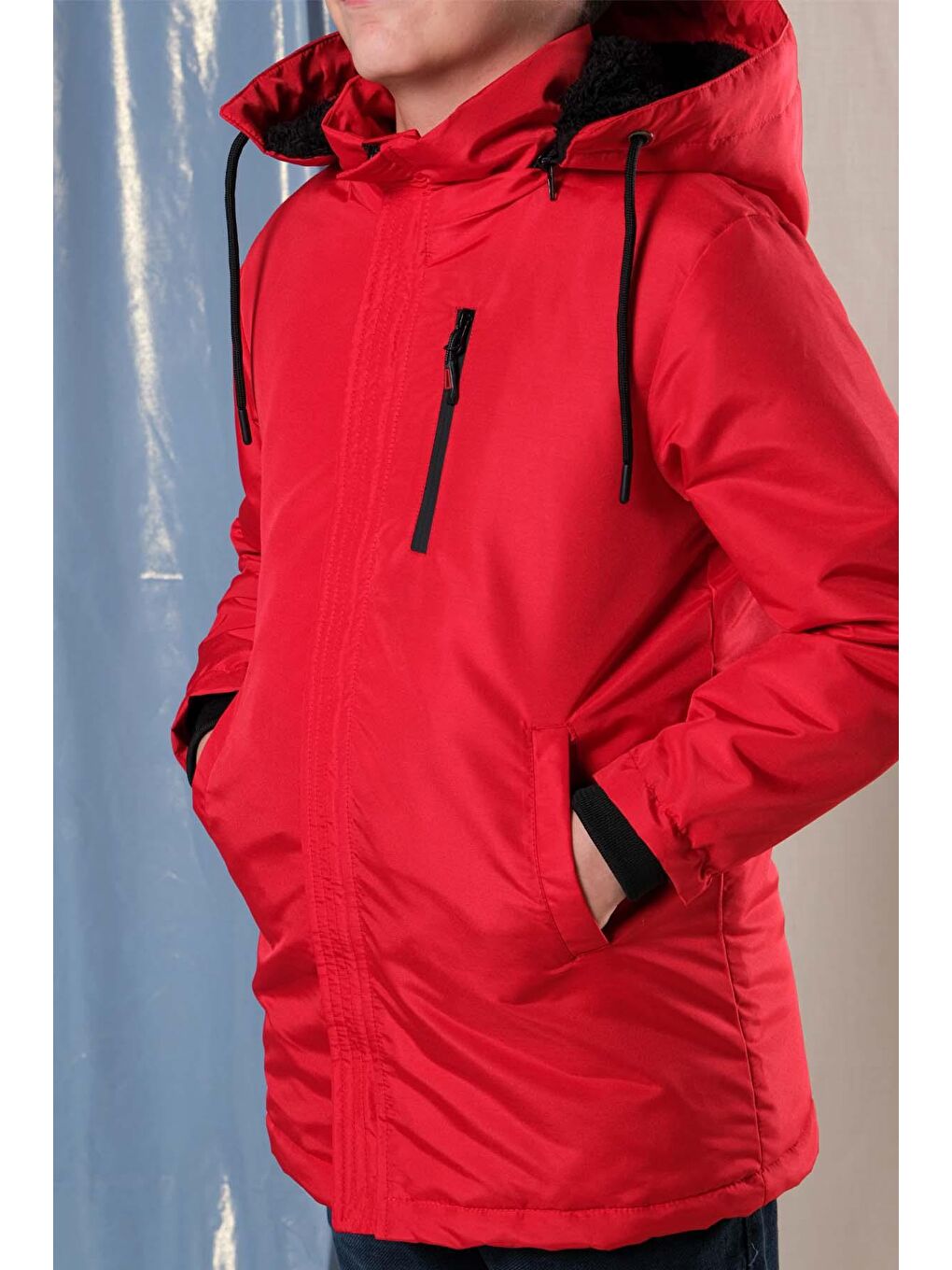 Kırmızı Erkek Çocuk Kalın Uzun Mont-5