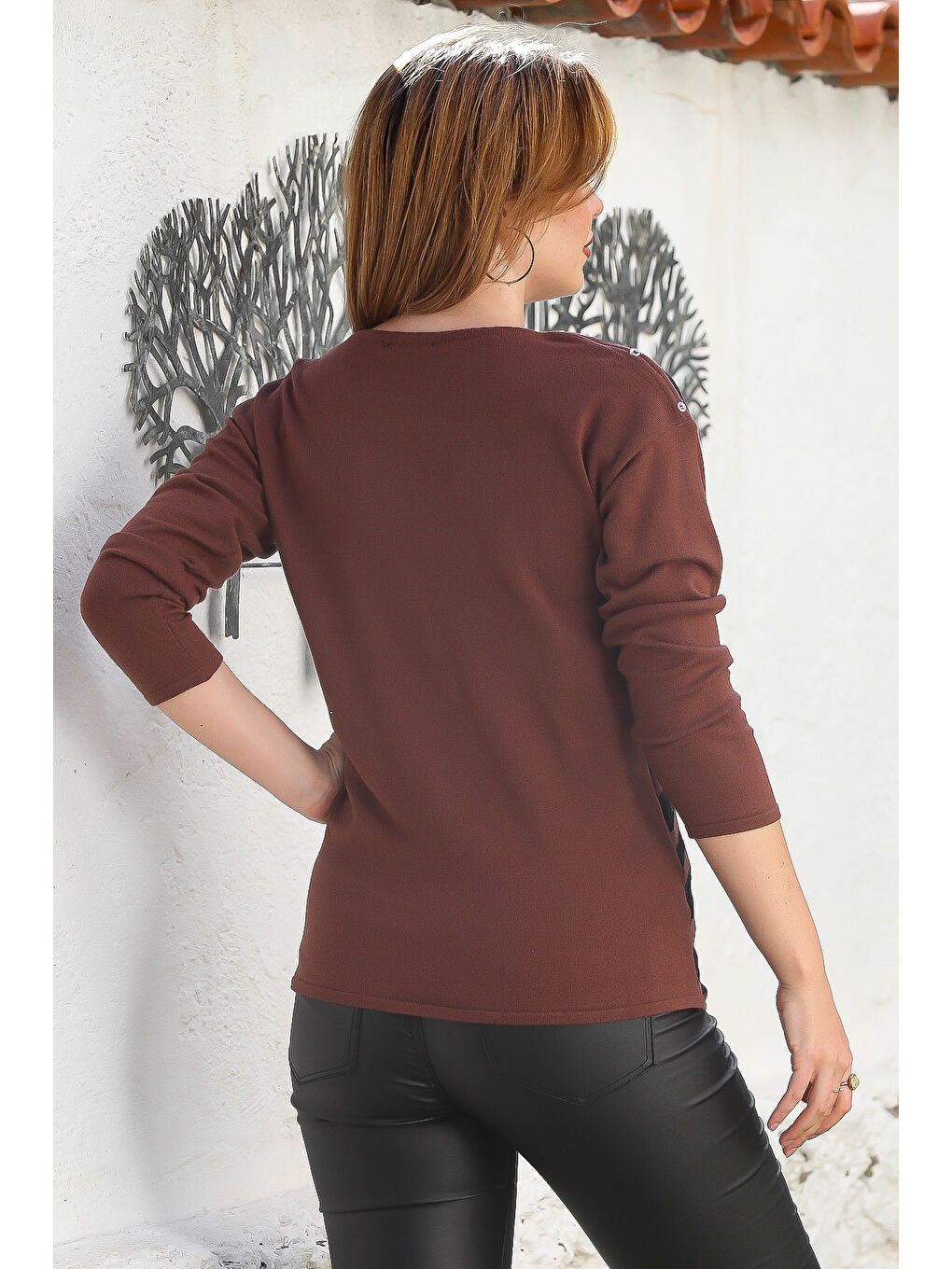 Kahverengi Kayık Yaka Uzun Kol Zigzag Desenli Casual Triko Kazak 65 60-5