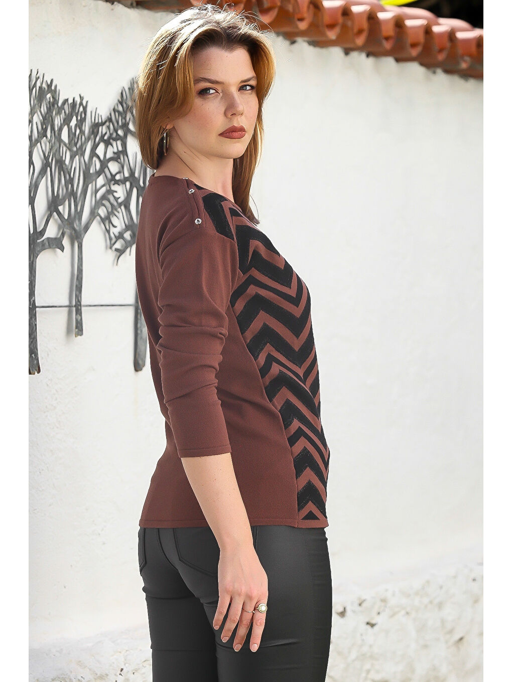 Kahverengi Kayık Yaka Uzun Kol Zigzag Desenli Casual Triko Kazak 65 60-6