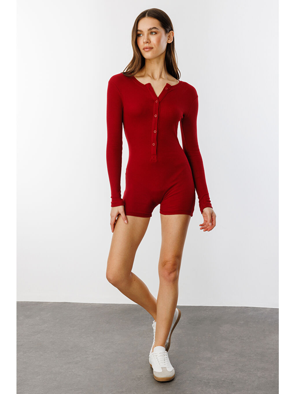 Bordo Fitilli Uzun Kollu Kısa Tulum Romper UZUNKOL-TULUM-1