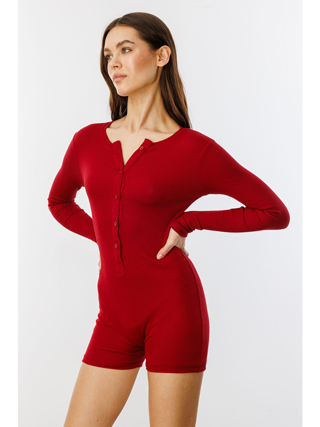 Bordo Fitilli Uzun Kollu Kısa Tulum Romper UZUNKOL-TULUM-2