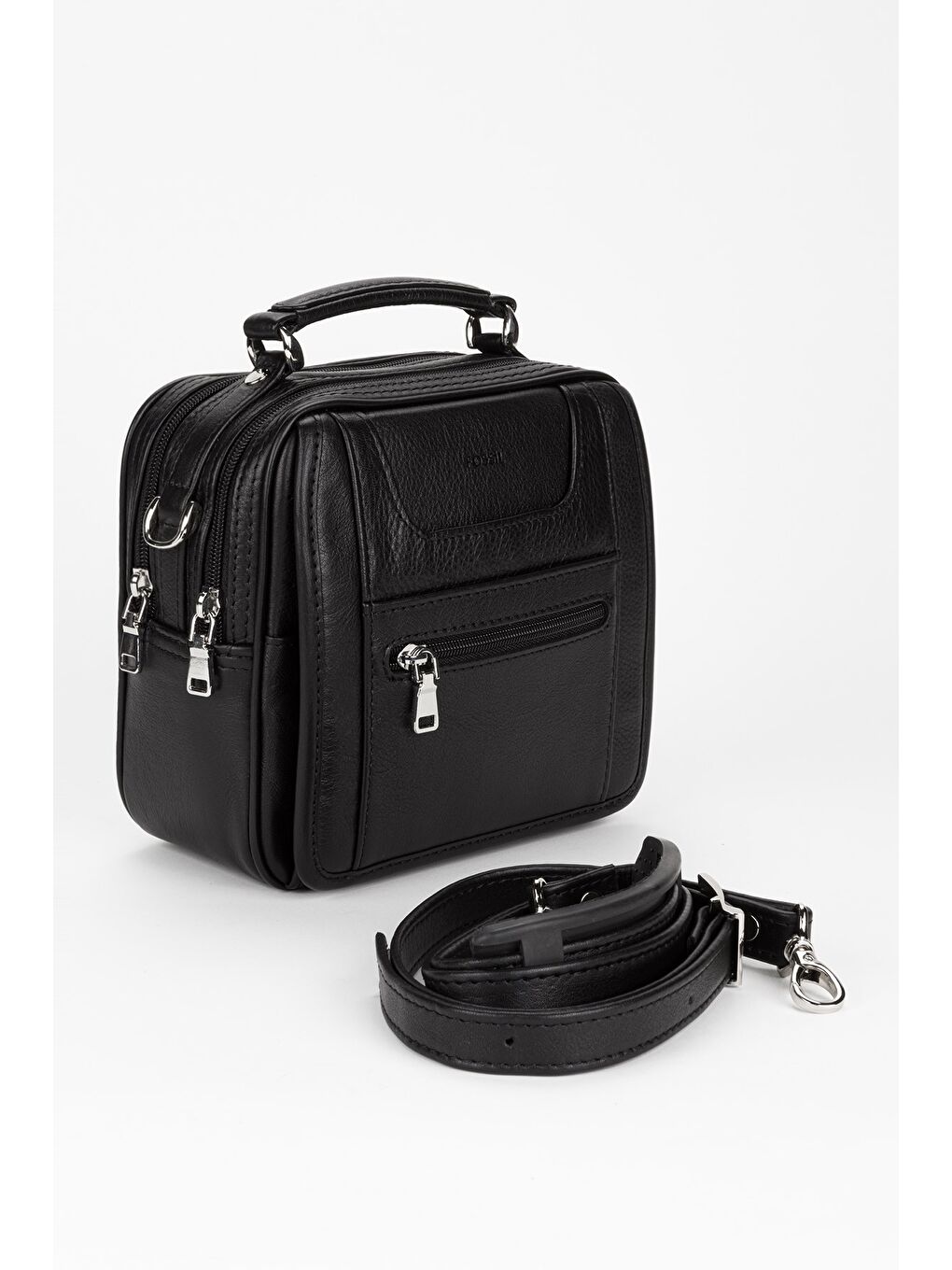 Siyah %100 Hakiki Deri Erkek Yatay Tam Kapak El ve Çapraz Omuz Çantası-1