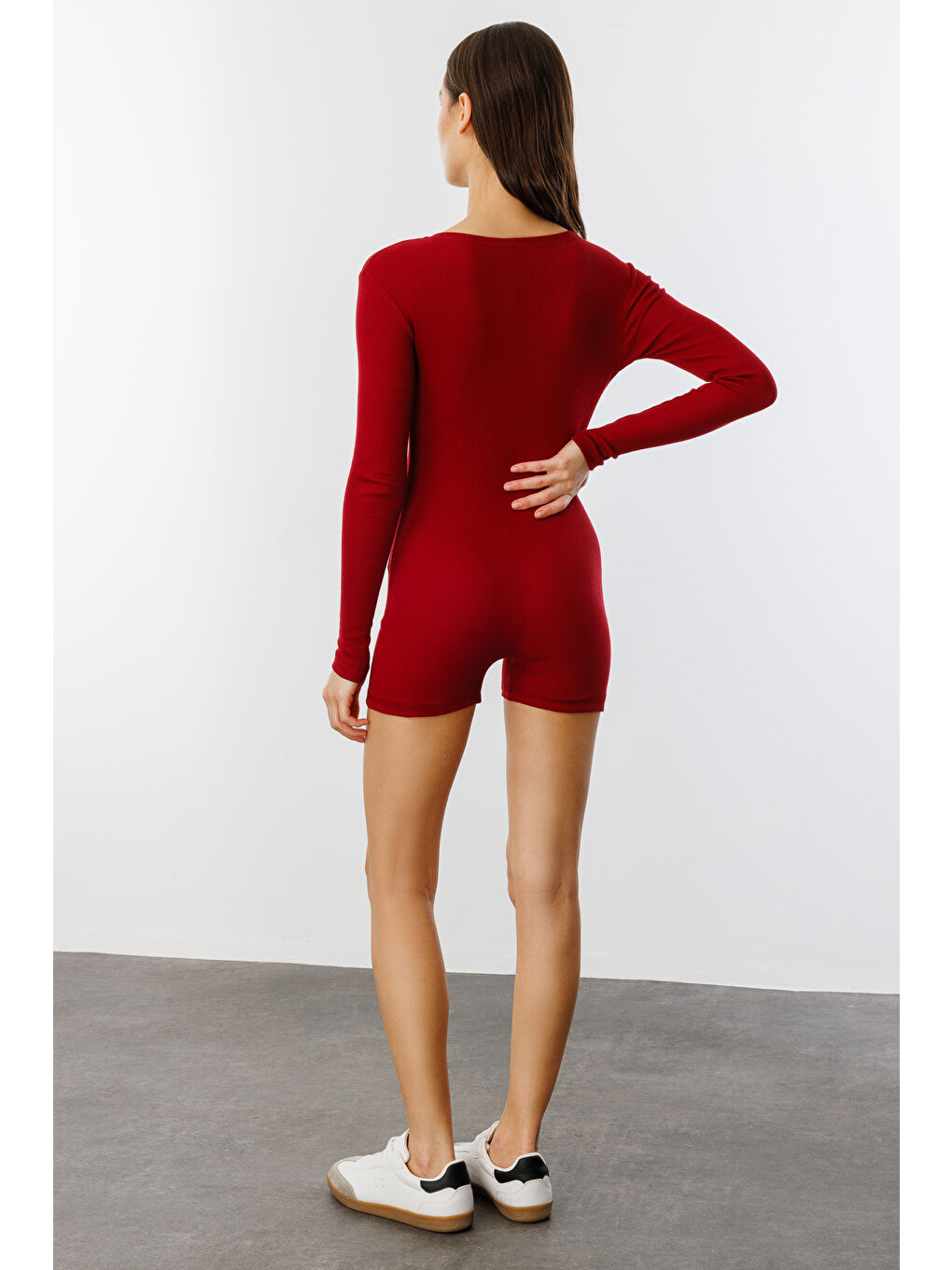 Bordo Fitilli Uzun Kollu Kısa Tulum Romper UZUNKOL-TULUM-3