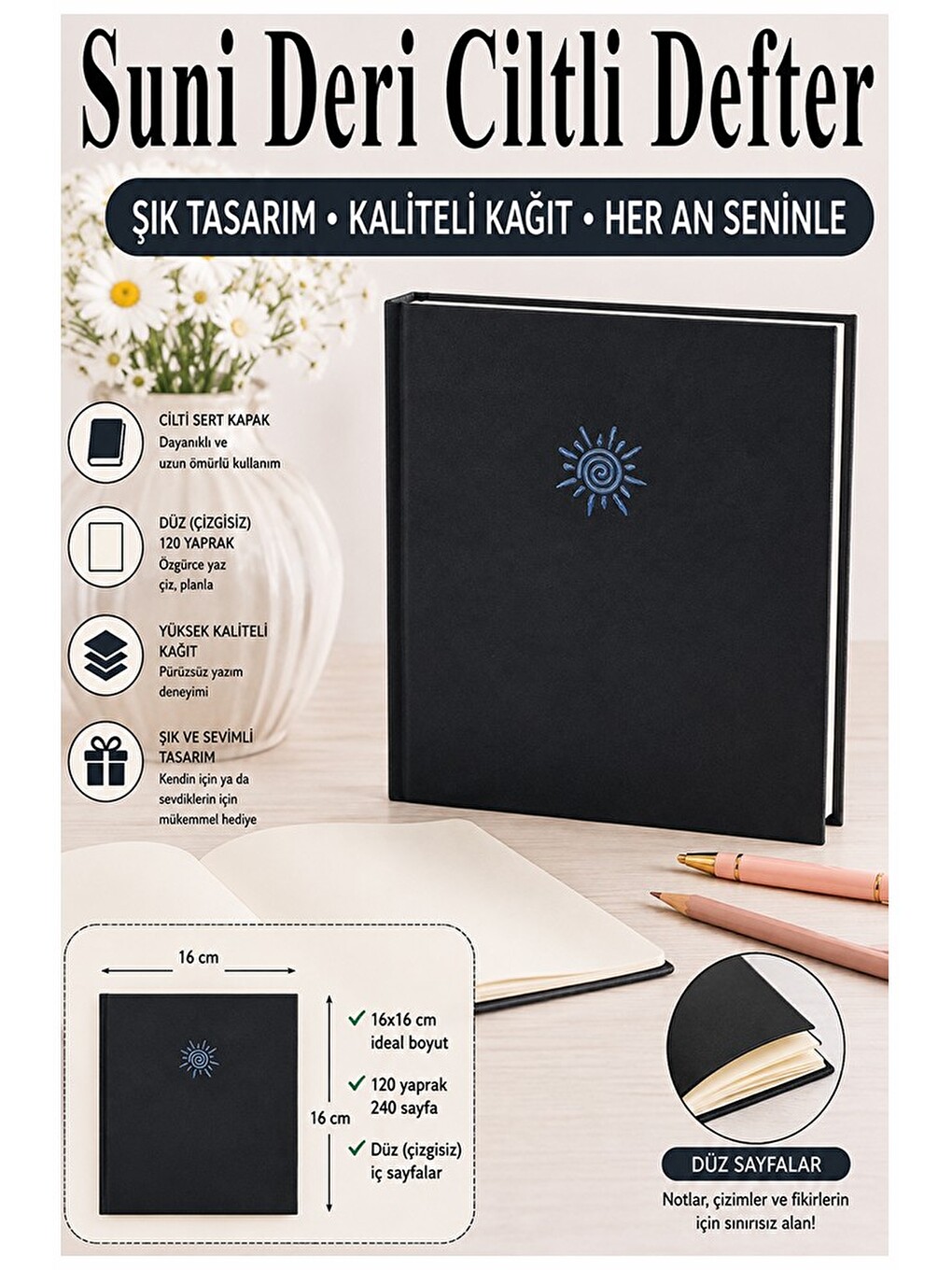Kare Not Defteri 16x16cm 1 Adet Lizz Sert Kapak 120 Yaprak Ciltli Çizgisiz Özel Anı Günlük Defteri S