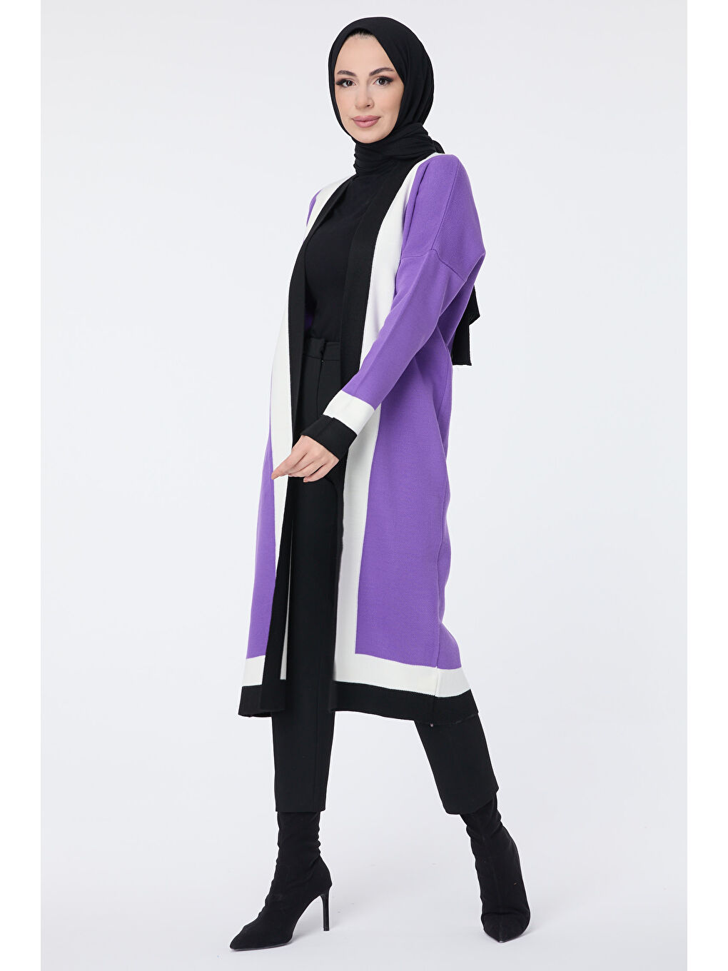 Şerit Detaylı Triko Uzun Hırka Mor - 27625