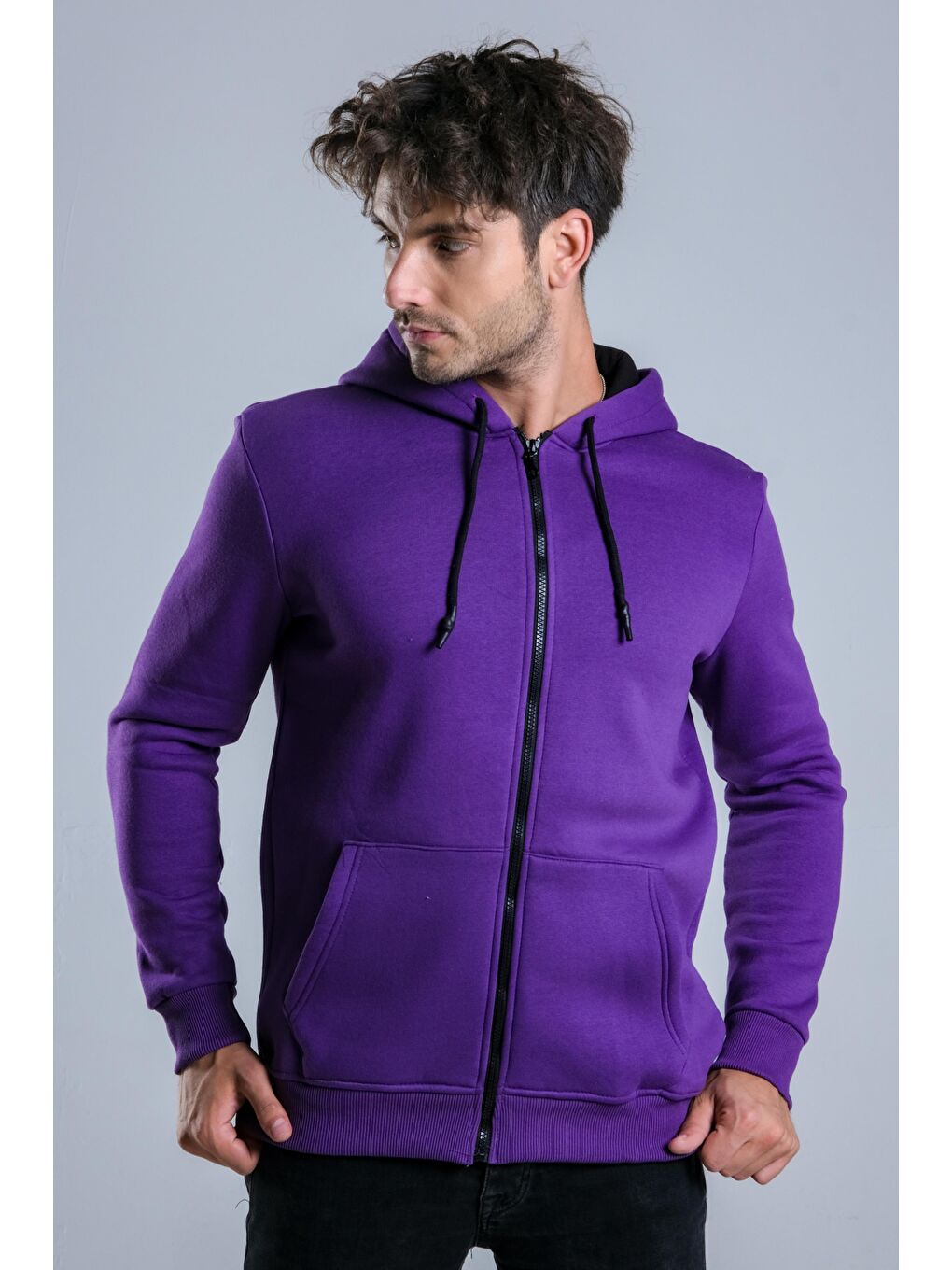 Mor Kapüşonlu Şardonlu Erkek Fermuarlı Sweatshirt Hırka 3 İp Düz  JS C-51-4
