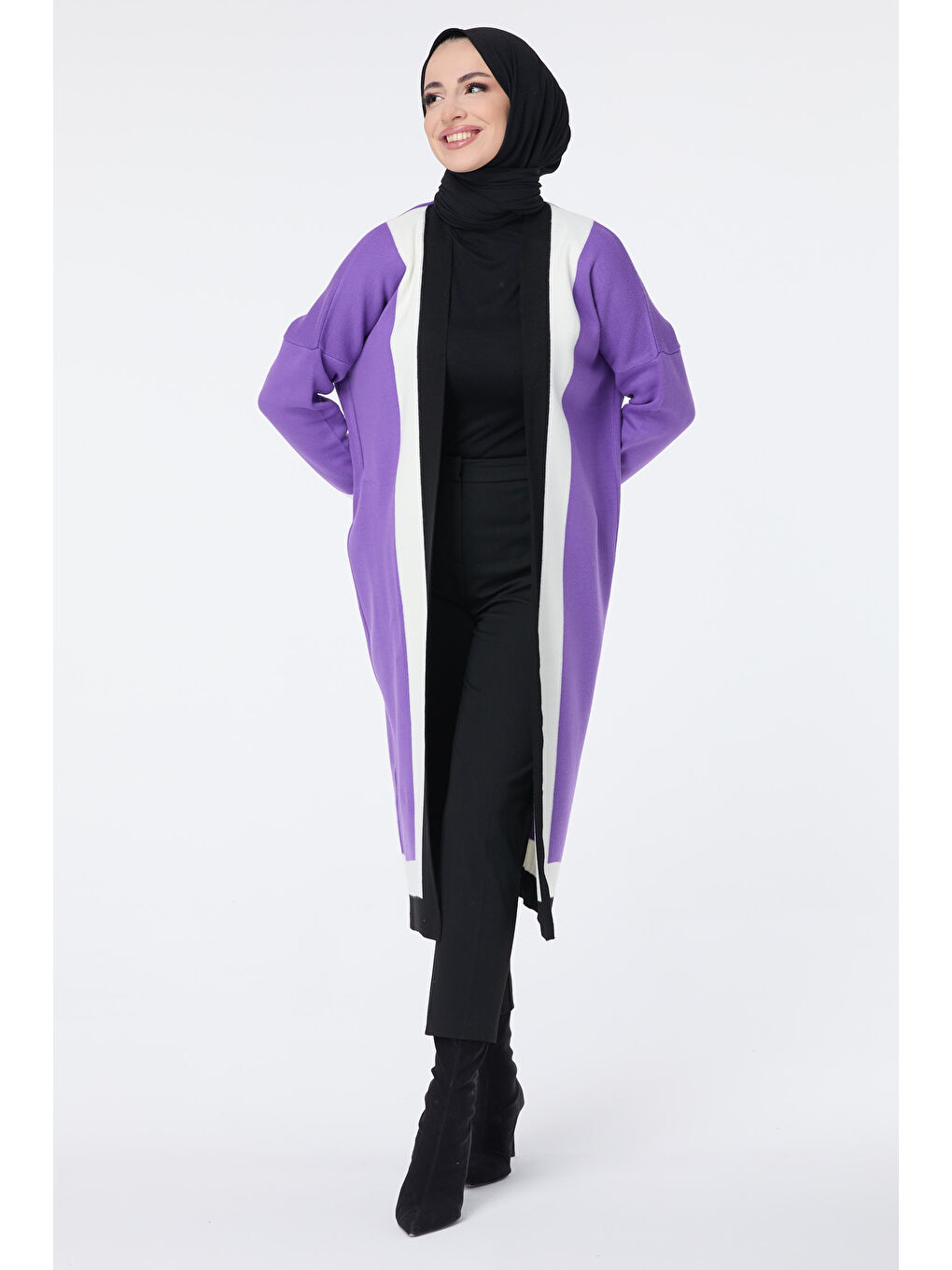 Şerit Detaylı Triko Uzun Hırka Mor - 27625-1