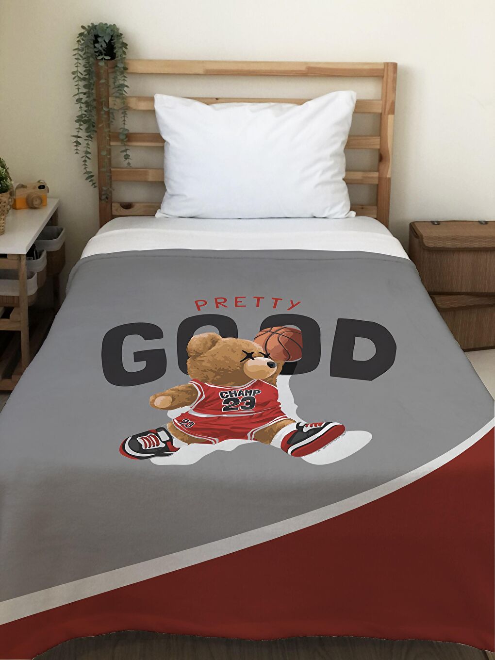 EVMİLA Karışık Basketbolcu Teddy Desenli Soft Baskılı Tek Kişilik 150x220 Cm Battaniye - Gri