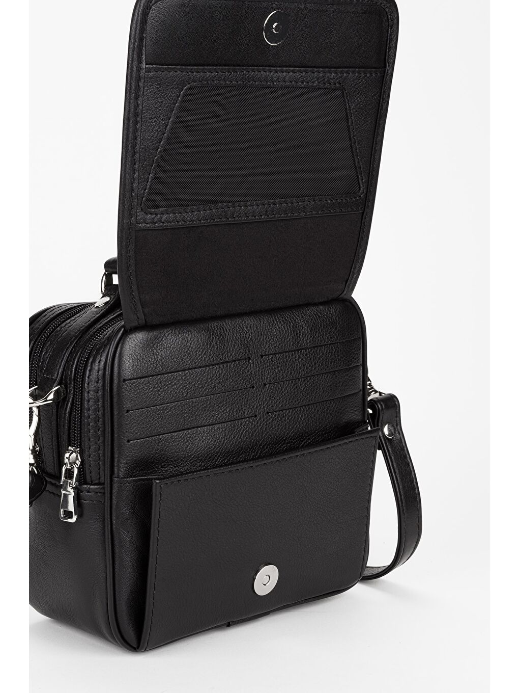 Siyah %100 Hakiki Deri Erkek Yatay Tam Kapak El ve Çapraz Omuz Çantası-6