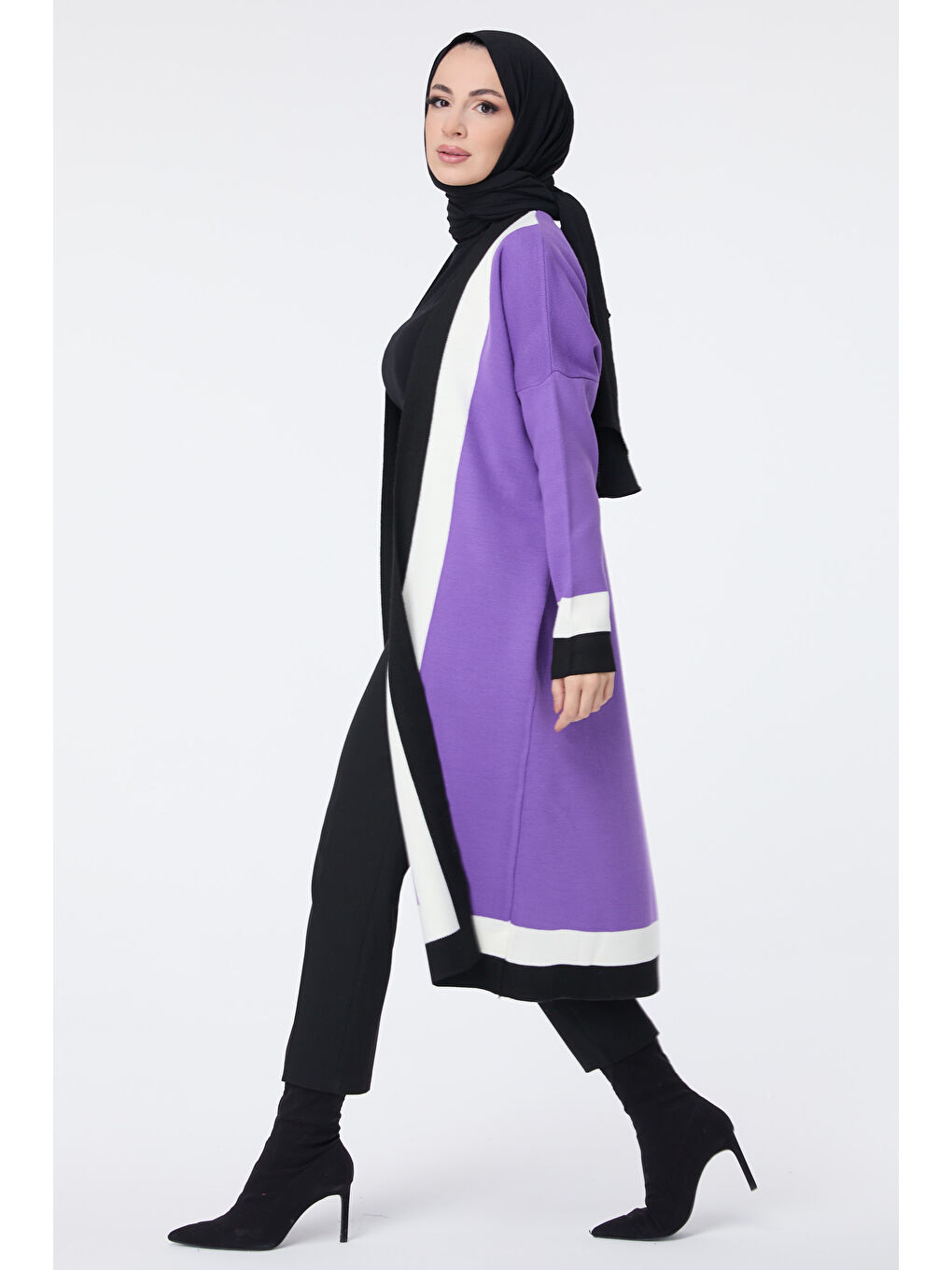 Şerit Detaylı Triko Uzun Hırka Mor - 27625-2