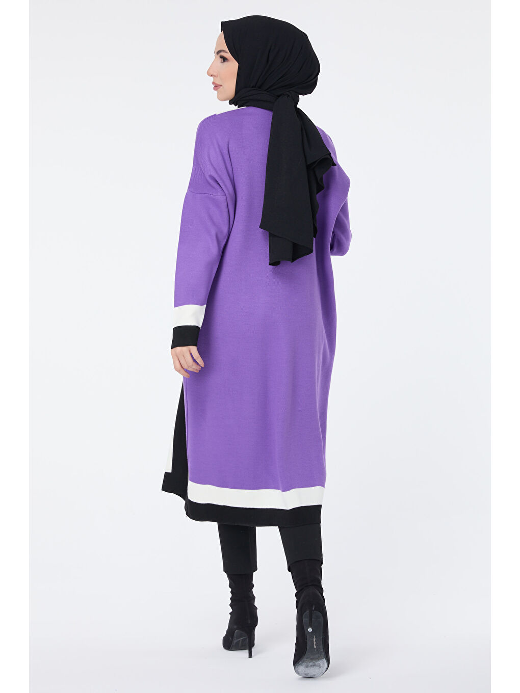 Şerit Detaylı Triko Uzun Hırka Mor - 27625-3