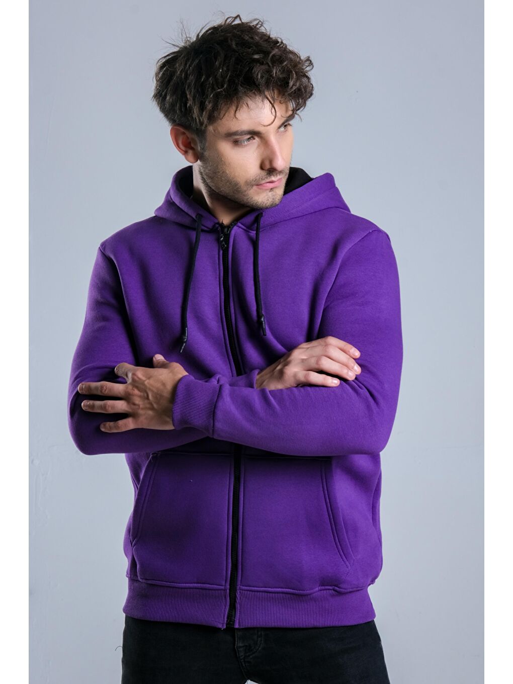 Mor Kapüşonlu Şardonlu Erkek Fermuarlı Sweatshirt Hırka 3 İp Düz  JS C-51-5