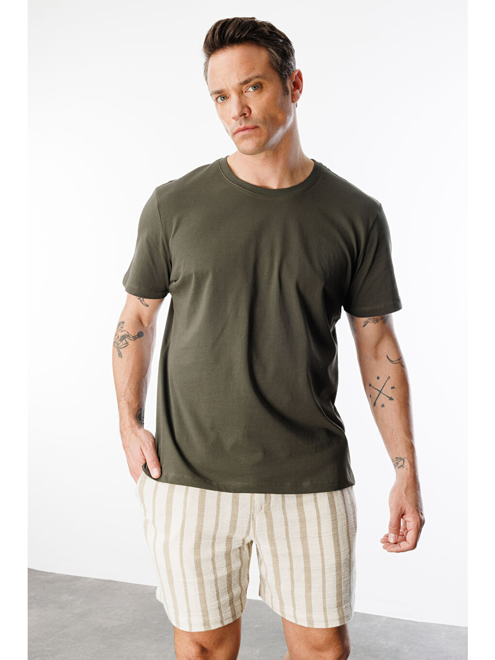 Haki Erkek T-shirt %100 Pamuk Regular Fit Standart Kesim Bisiklet Yaka Basic Tişört BASIC-T-SHIRT1