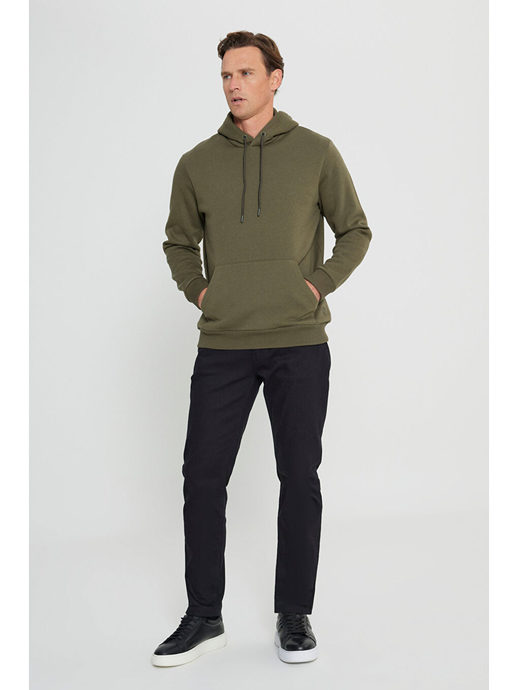 Erkek Haki Standart Fit Pamuklu Kapüşonlu Sweatshirt-1