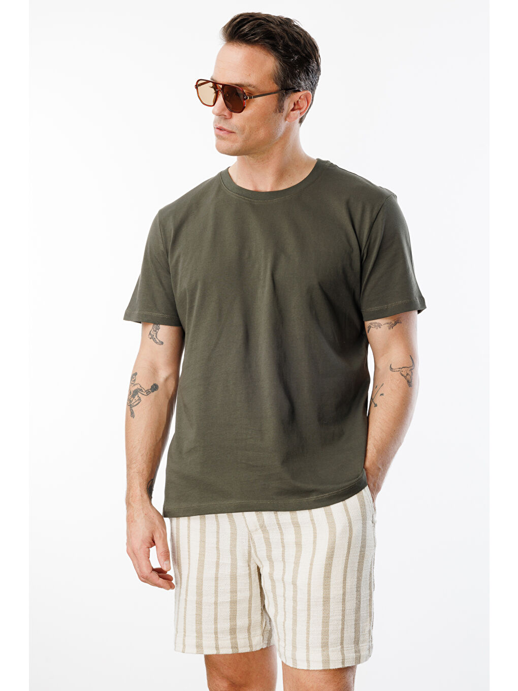 Haki Erkek T-shirt %100 Pamuk Regular Fit Standart Kesim Bisiklet Yaka Basic Tişört BASIC-T-SHIRT1-1