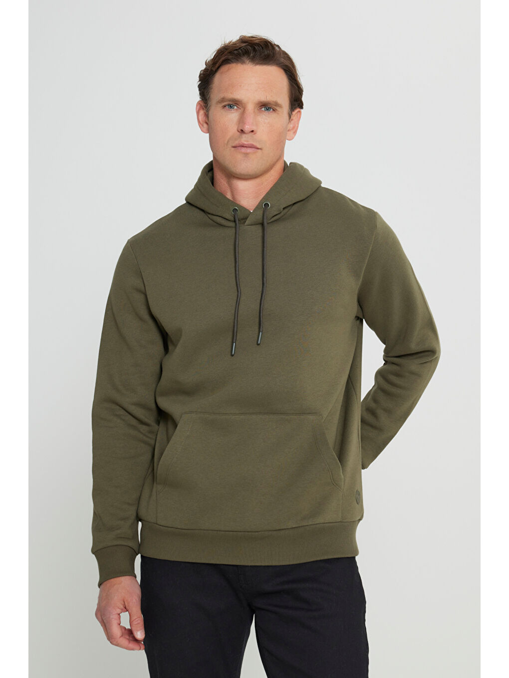 Erkek Haki Standart Fit Pamuklu Kapüşonlu Sweatshirt-2
