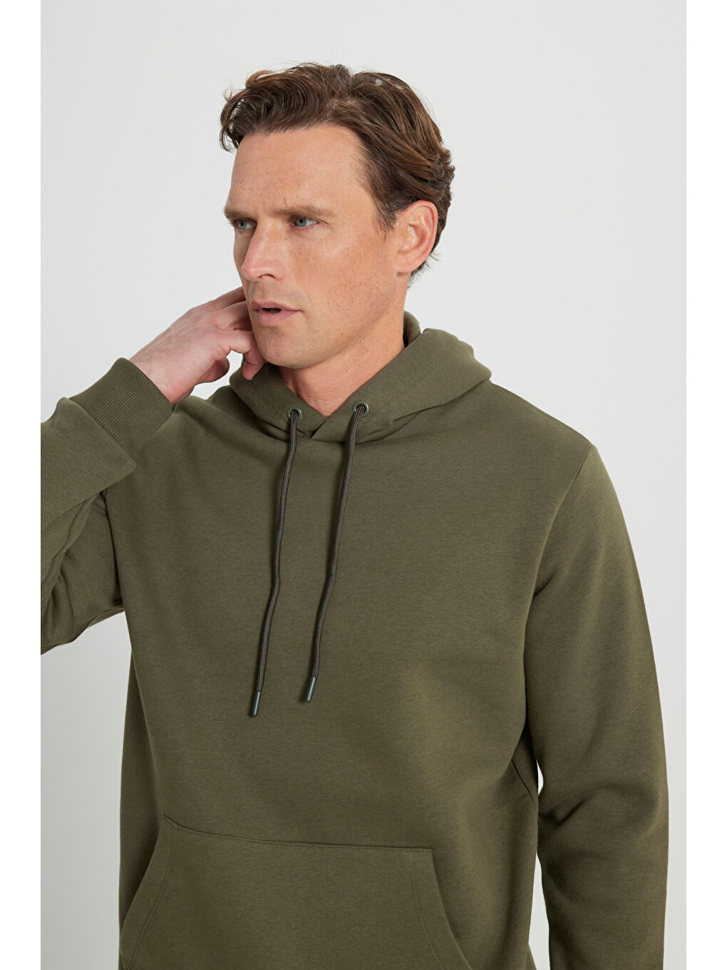 Erkek Haki Standart Fit Pamuklu Kapüşonlu Sweatshirt-3