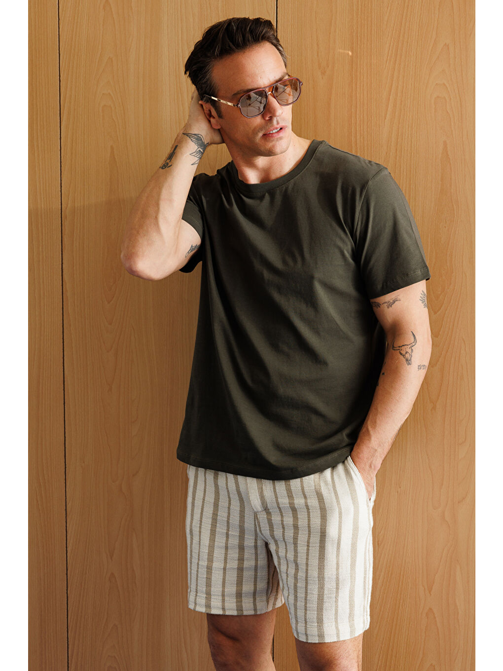 Haki Erkek T-shirt %100 Pamuk Regular Fit Standart Kesim Bisiklet Yaka Basic Tişört BASIC-T-SHIRT1-5