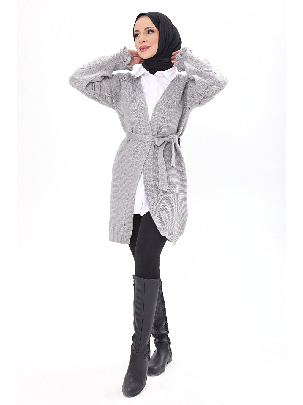 Kemerli Kolu İşlemeli Triko Hırka Gri - 27631-1