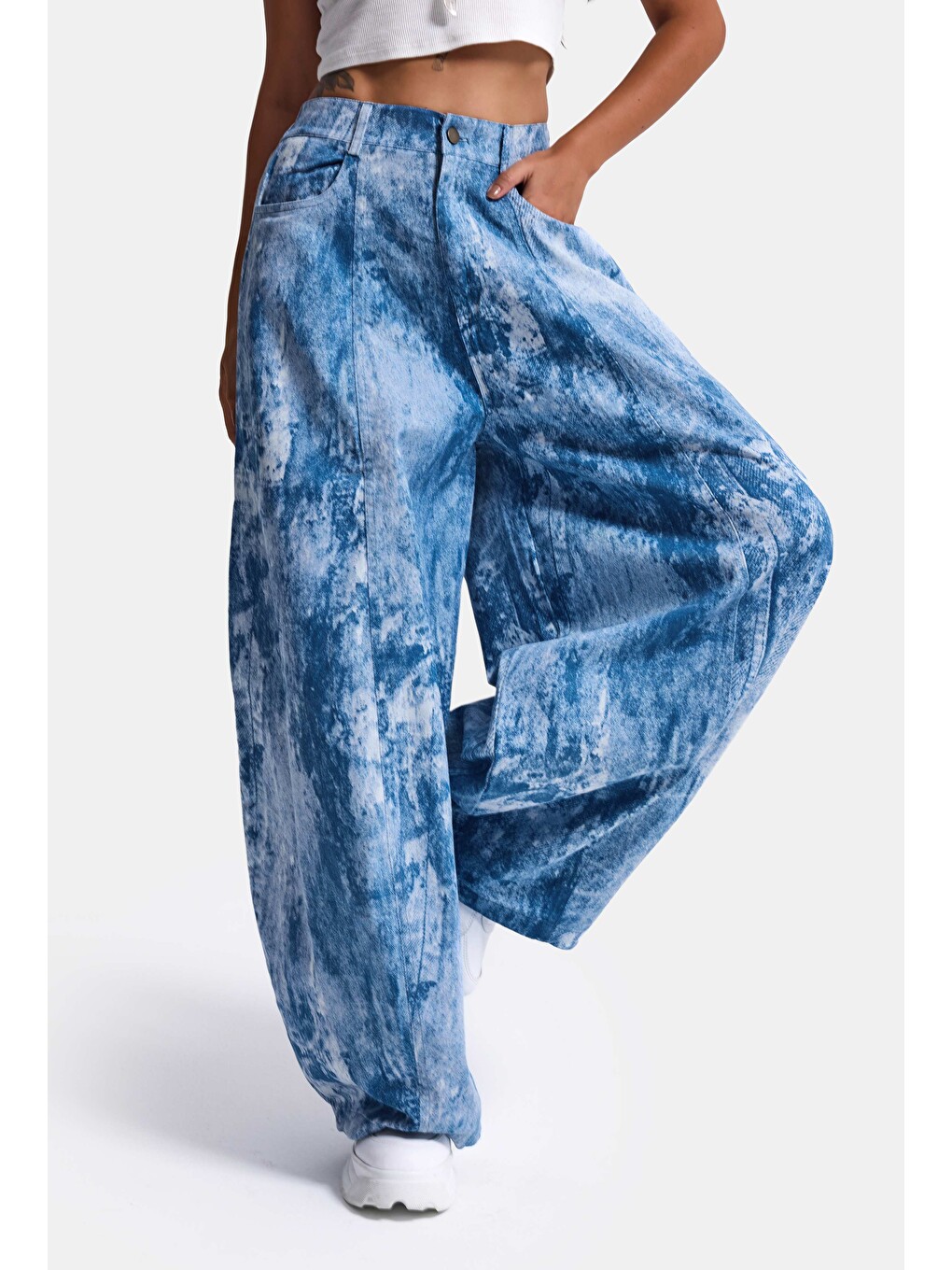 Kadın Mavi Baggy Fit Özel Kumaş Tasarım Pantolon-1