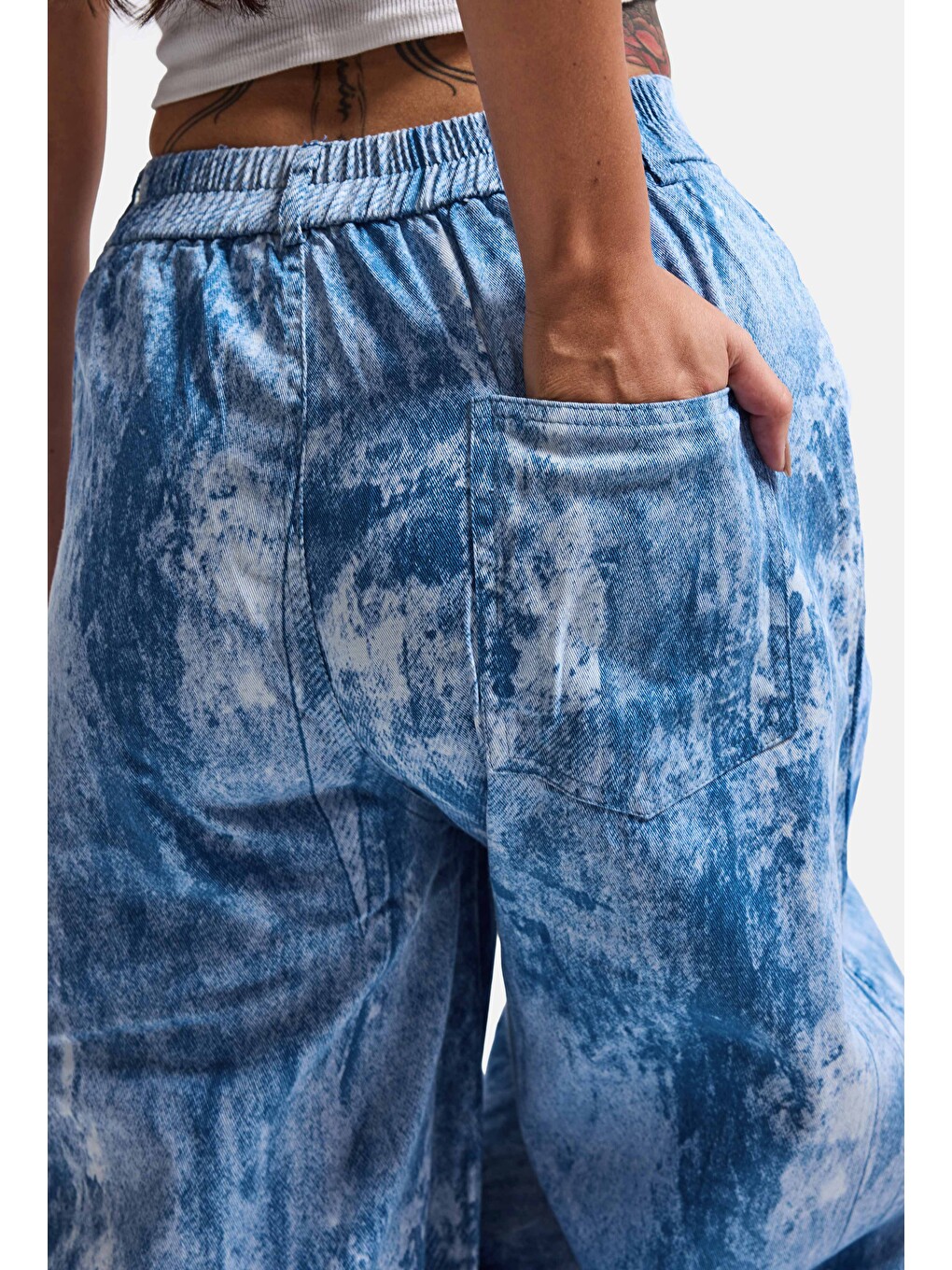 Kadın Mavi Baggy Fit Özel Kumaş Tasarım Pantolon-2